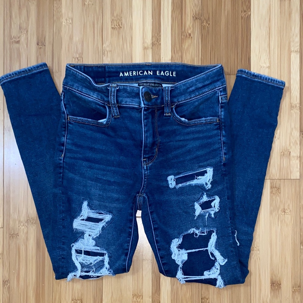 American Eagle Outfitters Women's Dark Blue Ripped Skinny Jeans